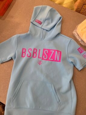 BSBL SZN Kids Light Blue Hoodie with Pink Logo